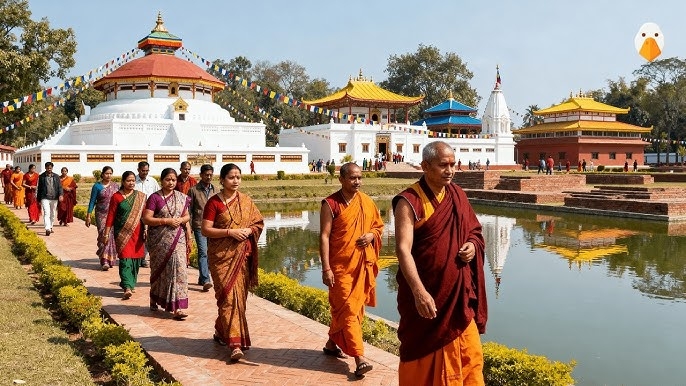 Serene depiction of Lumbini gardens with ancient stupas